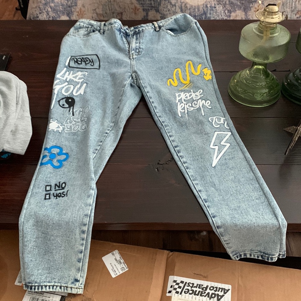 jeans, graffiti style, comfy